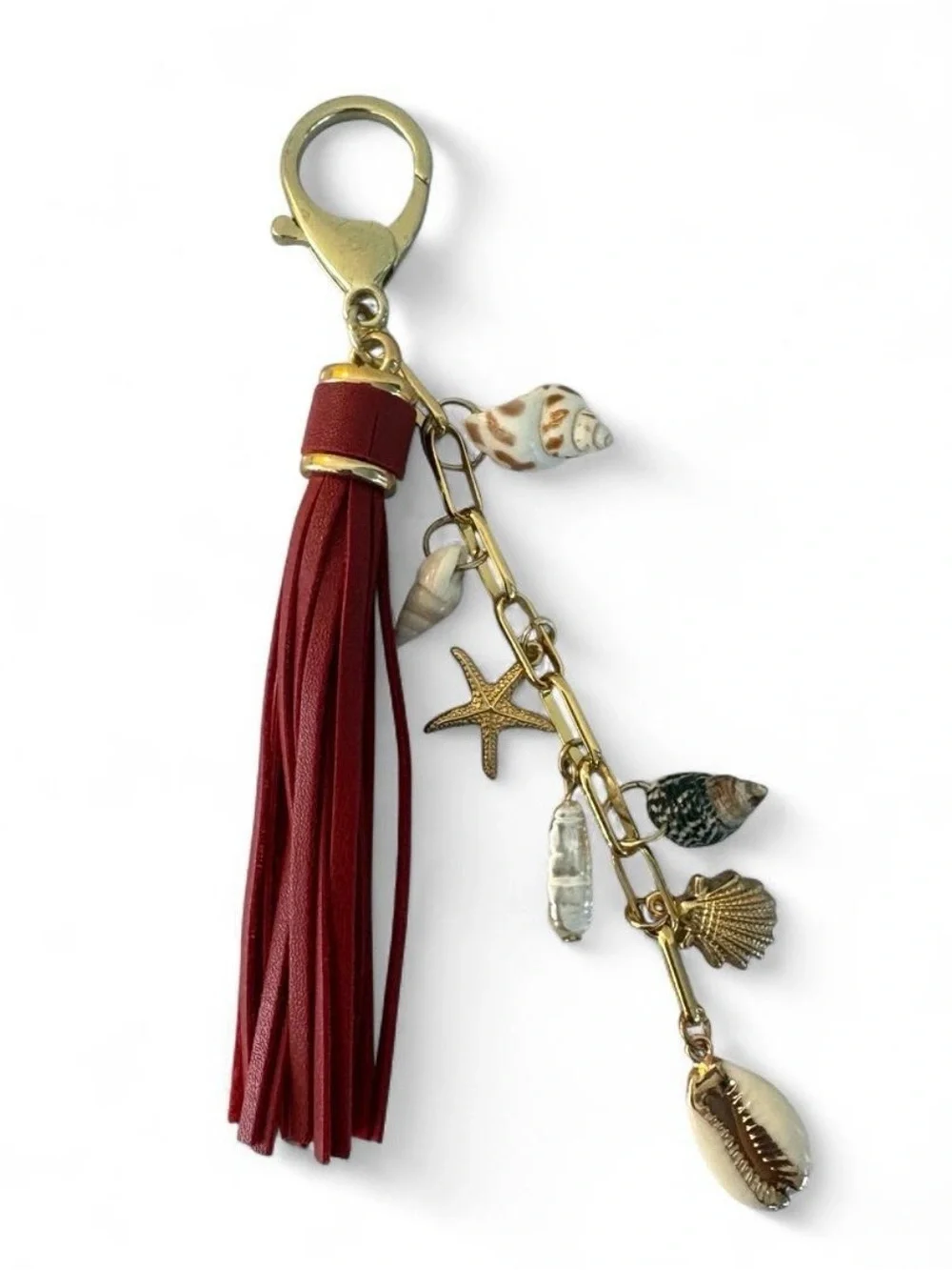 Seashell Bag Charm with Red and Gold Tassel